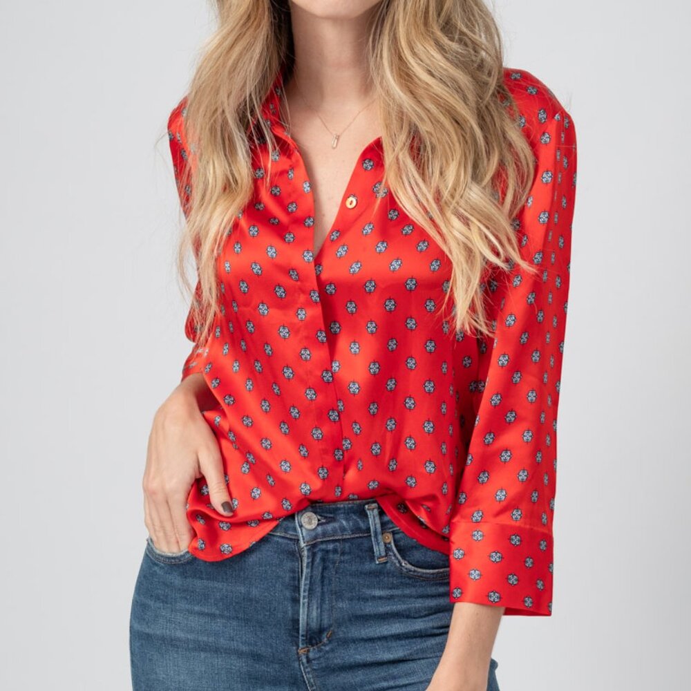 L'AGENCE Silk Jil Blouse in Royal Red Multi Maestro - Picture 5 of 5